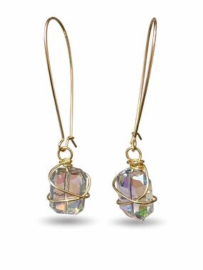 Gold Tone 7” Drop Earrings Iridescent Dangle Minimalist Boho Earrings